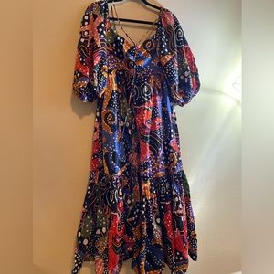 FARM RIO UNDER THE SEA MIDI DRESS PUFFED SLEEVES SIZE M